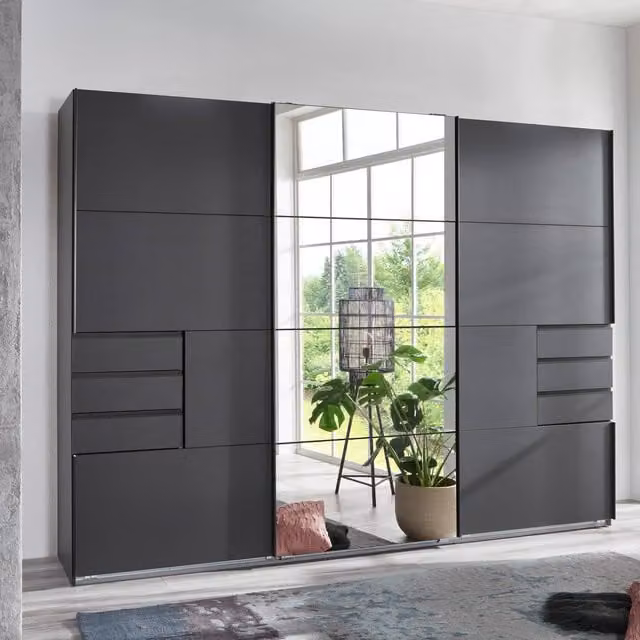 TJS Saigon Solo Sliding Wardrobe in Graphite with Graphite Mirror, Width: 270 cm