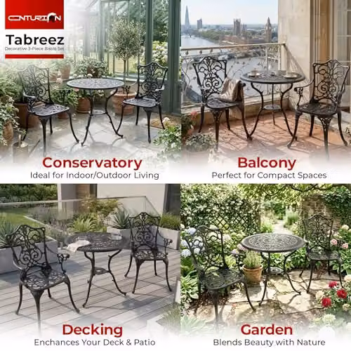 Centurion TABREEZ 3-Piece Bistro Set, Black Powder Coated Aluminium Garden Furniture with Round Table and 2 Chairs – 3
