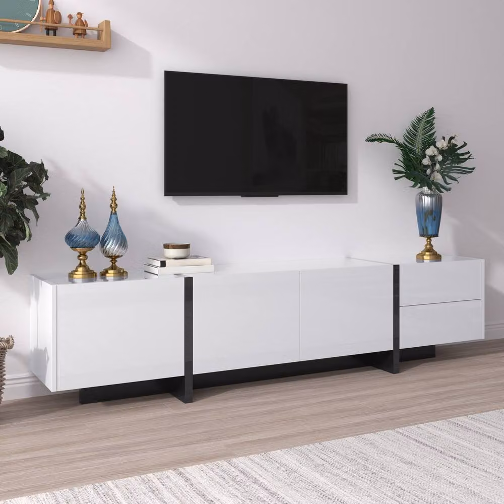 Merax Modern Glossy TV Unit with 3 Doors and 2 Drawers in White or Black, W: 190 cm, H: 45 cm, D: 35 cm – 3
