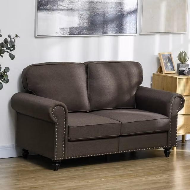 HOMCOM Mid-Century Upholstered Love Seat Sofa with Nailhead Trim, Brown, Width: 73 cm