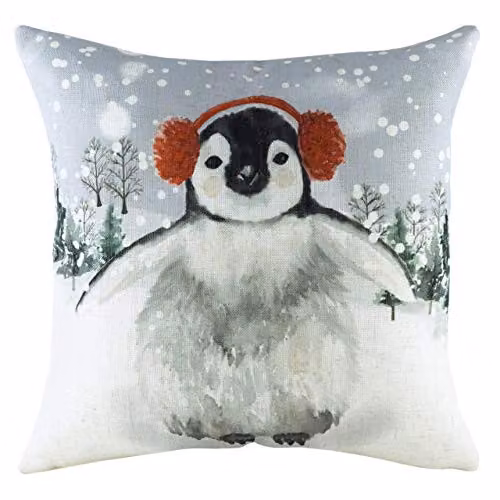 Evans Lichfield Snowy Penguin Hand-Painted Watercolour Printed Cushion, Multicolour, W/D/H: 43 x 43 x 43 cm