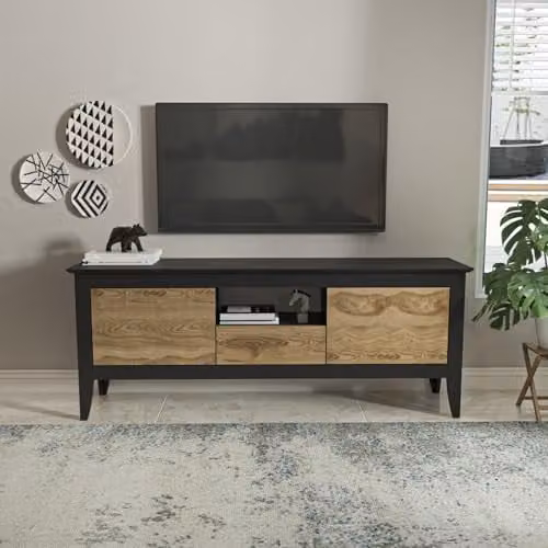 Decorotika Verde Modern TV Stand in Black and Oak with Three Cabinets and Open Shelves, W/D/H: 150 x 35 x 59 cm