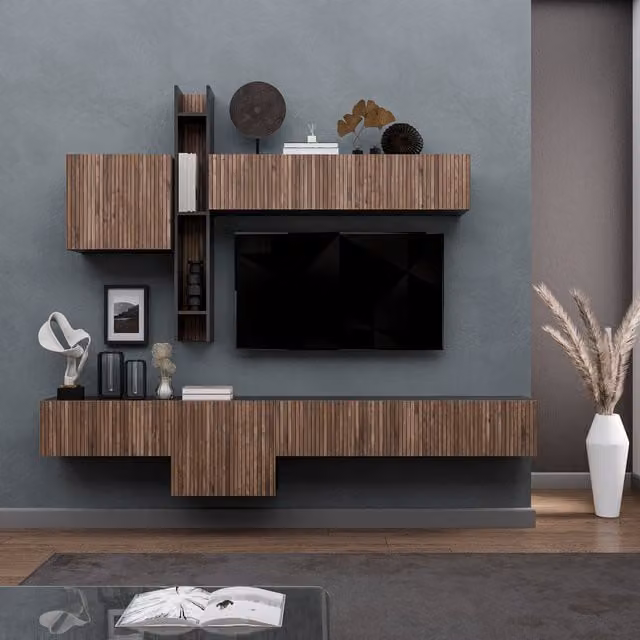 Decorotika Toledo Wall Mounted Entertainment Center in Black with Alina Abstract Pattern