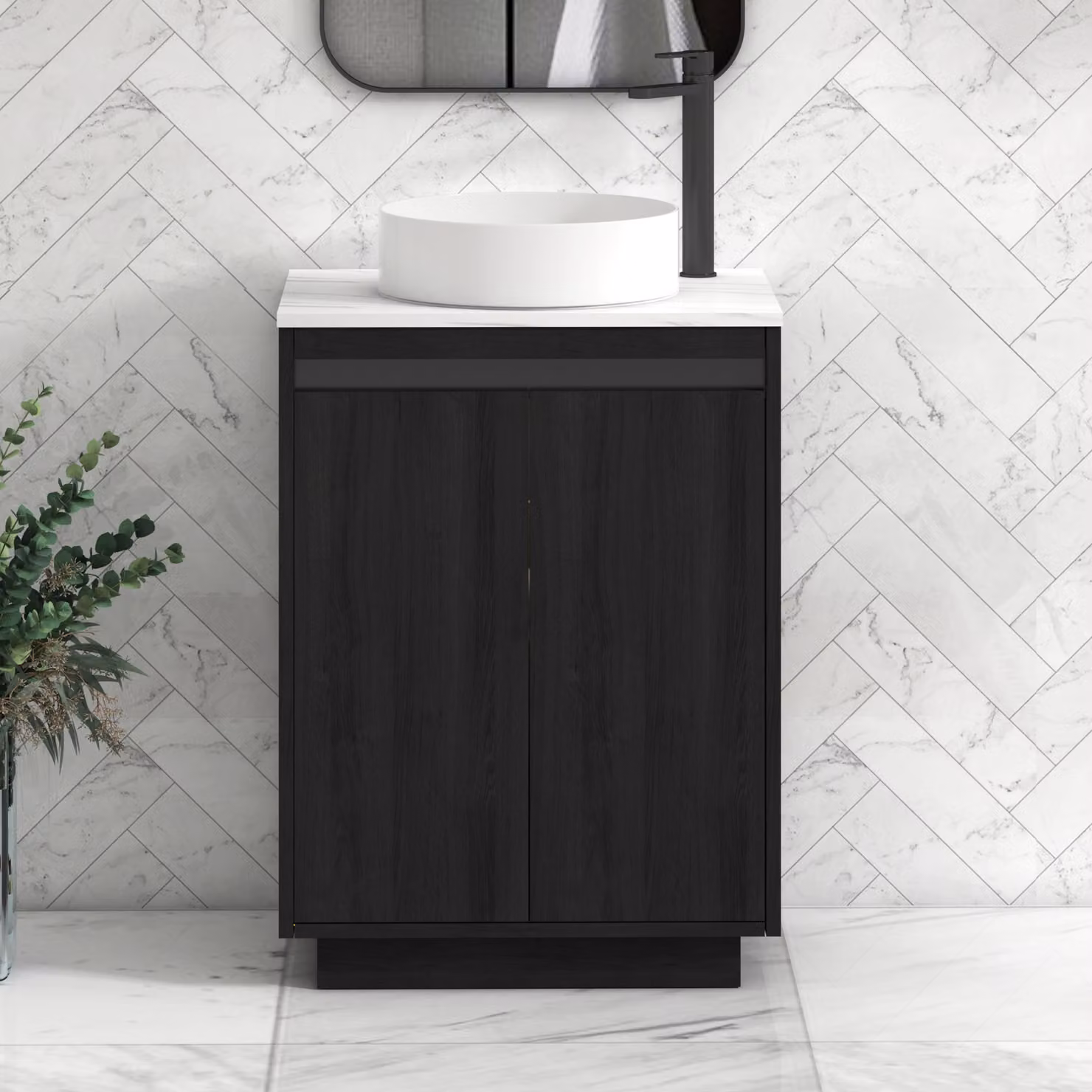 Royal Bathrooms Orion 600mm Hale Black Floor Standing Vanity Unit with Carrara White Countertop and 2 Doors