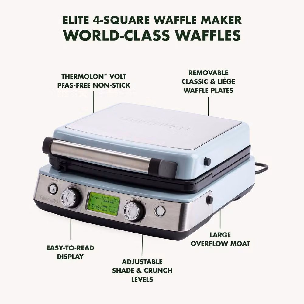 GreenPan Elite Belgian Waffle Maker with Removable Ceramic Non-Stick Plates and Digital Display in Blue – 4