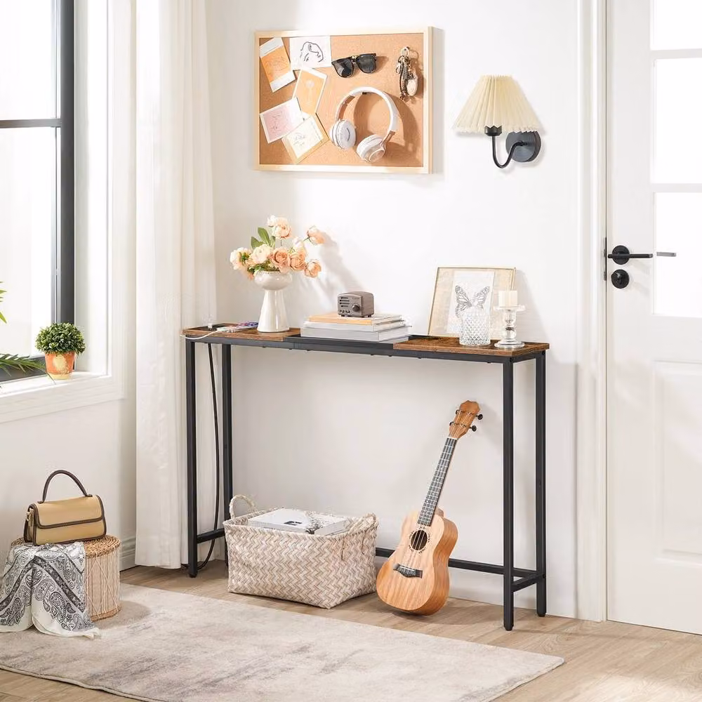 NESTLUNE Industrial Console Table with Charging Station in Brown, W: 100 cm, D: 15 cm – 2