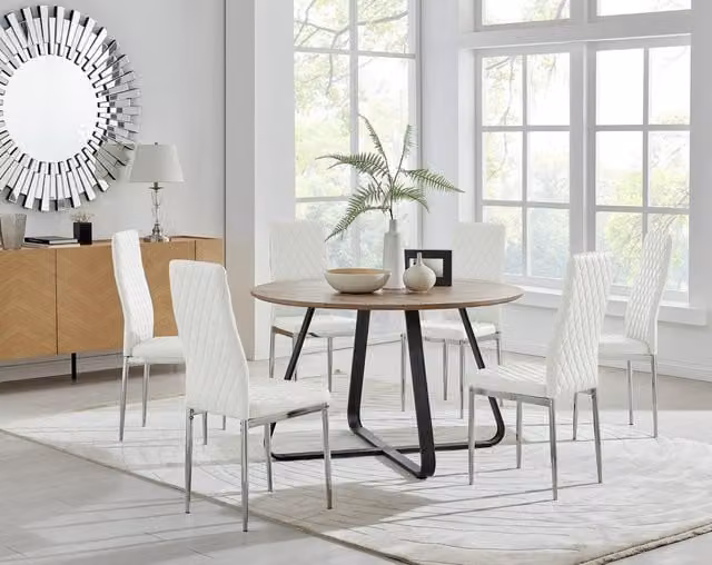 FurnitureboxUK Santorini Round Brown Wood Effect Dining Table and 6 Milan Off-White Chairs with Chrome Legs, W: 120 cm, D: 120 cm, H: 75 cm
