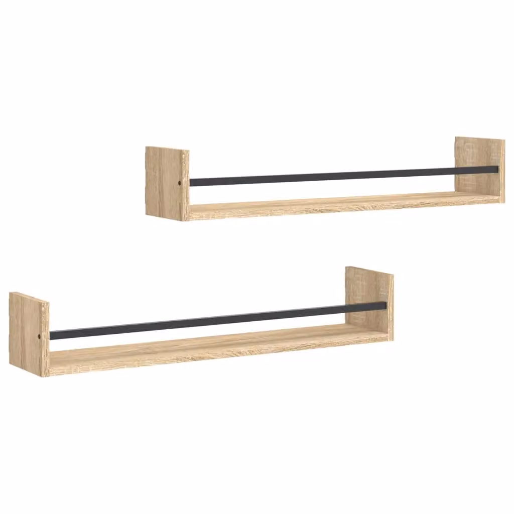 Berkfield Home Wall Shelves with Bars, 2 Piece Set, Sonoma Oak, Brown, W: 80 cm, D: 16 cm, H: 14 cm – 2
