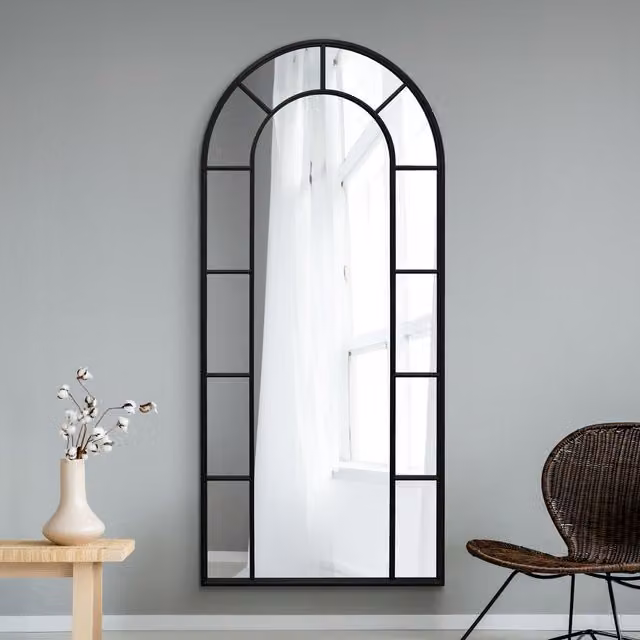 MirrorOutlet Arcus Window Metal Framed Arched Leaner Wall Mirror in Black, H 190 cm x W 85 cm