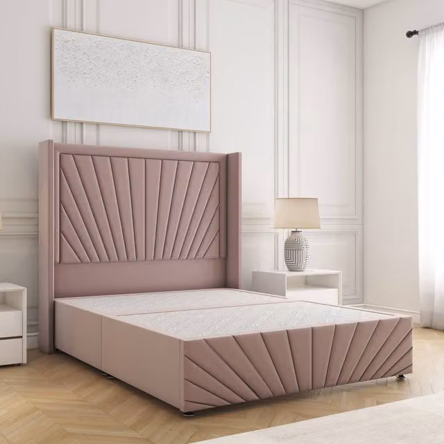 BSSPOKE Nola Double Divan Bed Frame with 54 inch Headboard in Pink Plush Velvet