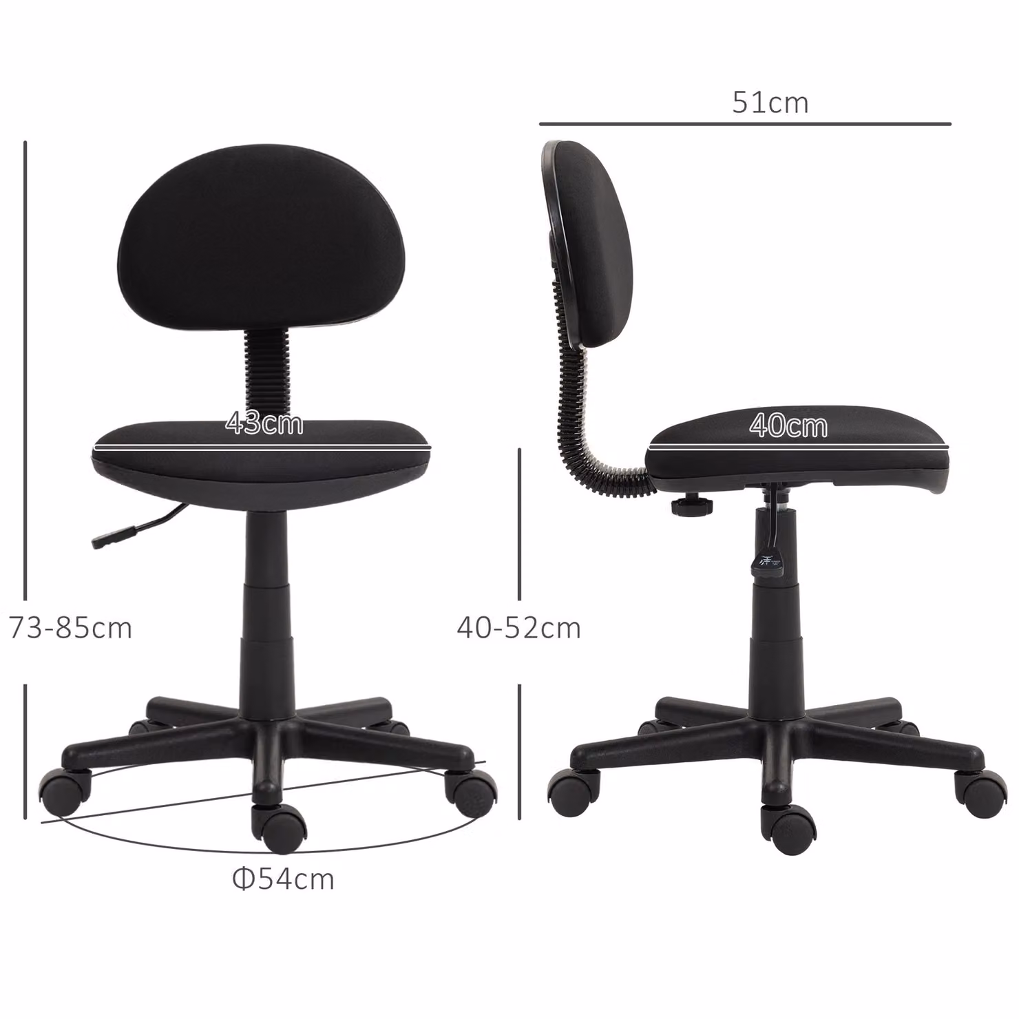 HOMCOM Black Armless Task Chair with Adjustable Height, Swivel Wheels and Fabric Seat, W/D/H: 40 x 120 x 40 cm – 3