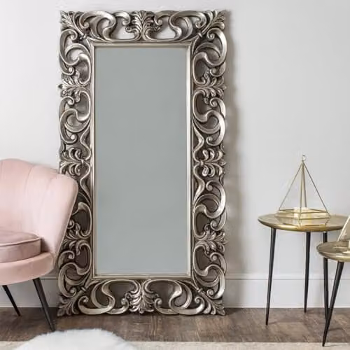 Melody Maison Large Baroque-style Silver Rectangular Wall/Floor Mirror W/H: 90 x 168 cm