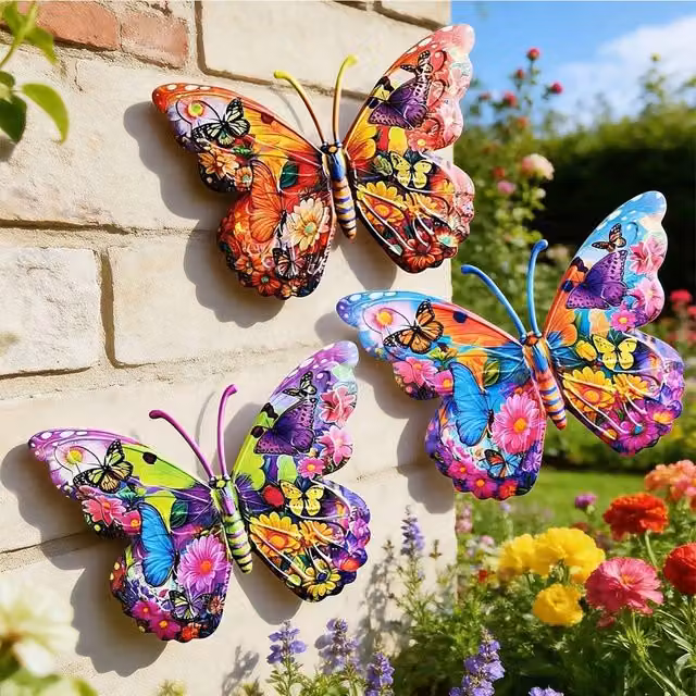Quipulse 3-Piece Multicolour Metal Butterfly and Floral Outdoor Wall Hanging Decor, Size: 15 cm