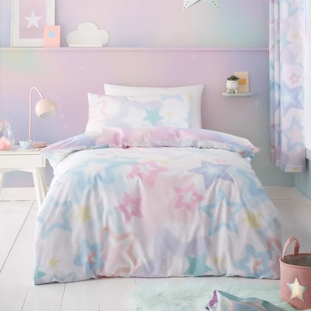 Catherine Lansfield Reversible Ombre Star Duvet Cover Bedding Set in White and Multicolour