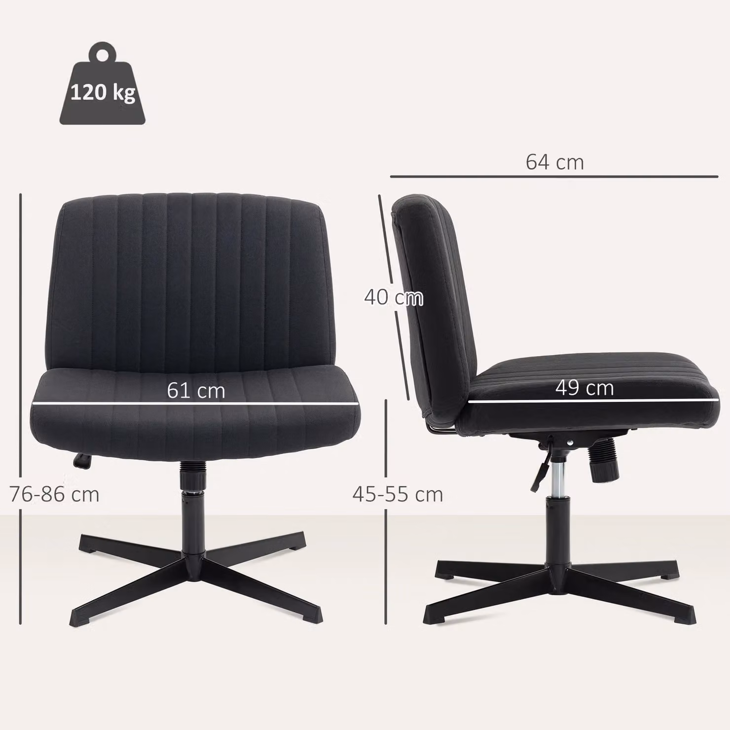 HOMCOM Black Fabric Armless Task Chair with 360 Degree Swivel and Weight Adjustment for Home Office or Bedroom, W/D/H: 45.0 x 64.0 x 83.0 cm – 3