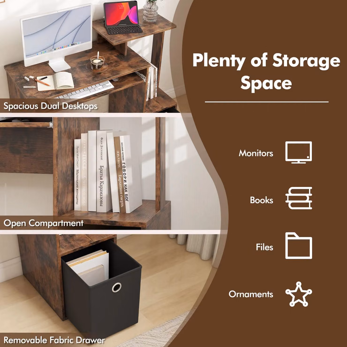 Costway Brown Computer Desk with Open Shelf and Fabric Storage Drawer – 6