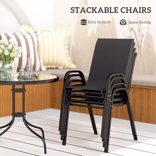Outsunny 5 Piece Black Garden Dining Set with Round Glass Top Table and 4 Chairs – 3