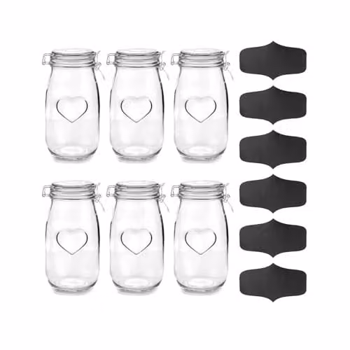 Nicola Spring Geometric Glass Storage Jars with Airtight Silicone Seals, 1.5 l, Pack of 6, Transparent
