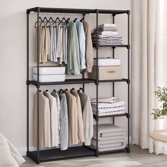SONGMICS Open Design Clothes Storage Wardrobe with Dual Hanging Areas and Shelves, Beige, W/D/H: 43 x 43 x 182 cm – 1
