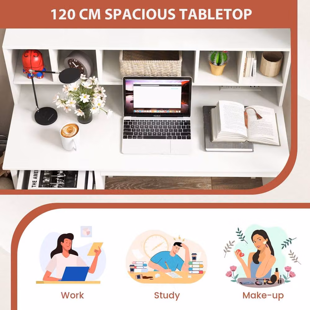 Gymax White Modern Computer Desk with Power Outlets and Drawers, W: 120 cm – 5