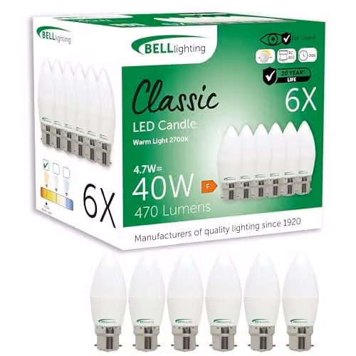 BELL Lighting B22 Dimmable LED Candle Bulbs, Warm White, 4.7W, Pack of 6