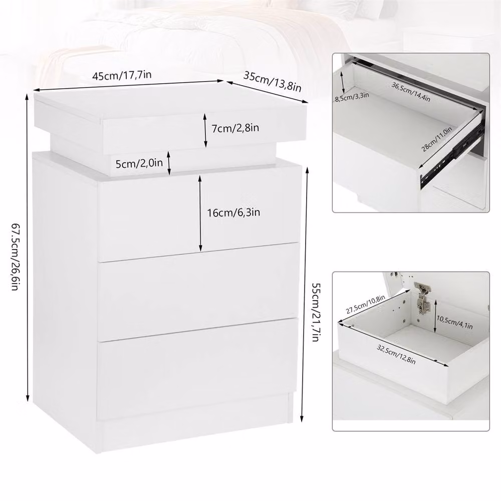 EONLION White 3-Drawer Bedside Table Cabinet with Integrated LED Light and Glossy Finish – 2