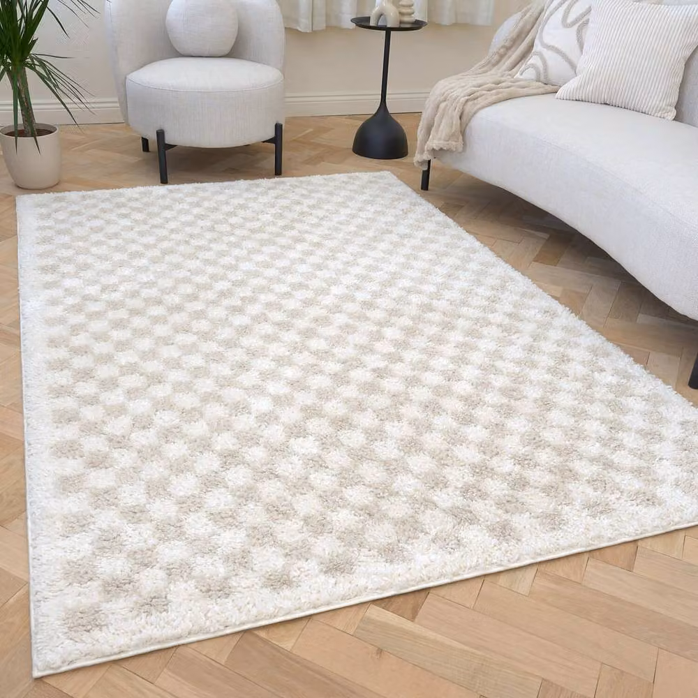 THE RUGS Moodi Chequered Shaggy High Pile Living Room Rug in Light Beige, W: 80 cm, L: 150 cm – 1