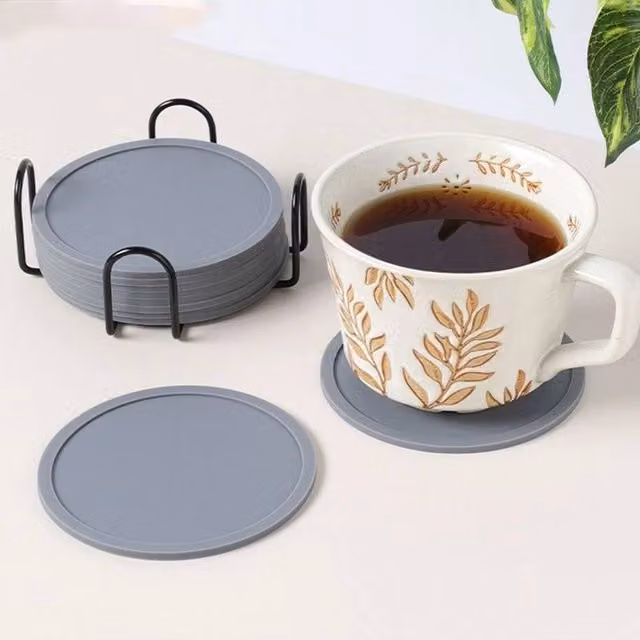 KORVIXA 12-Piece Grey Round Silicone Coasters, Diameter: 10 cm