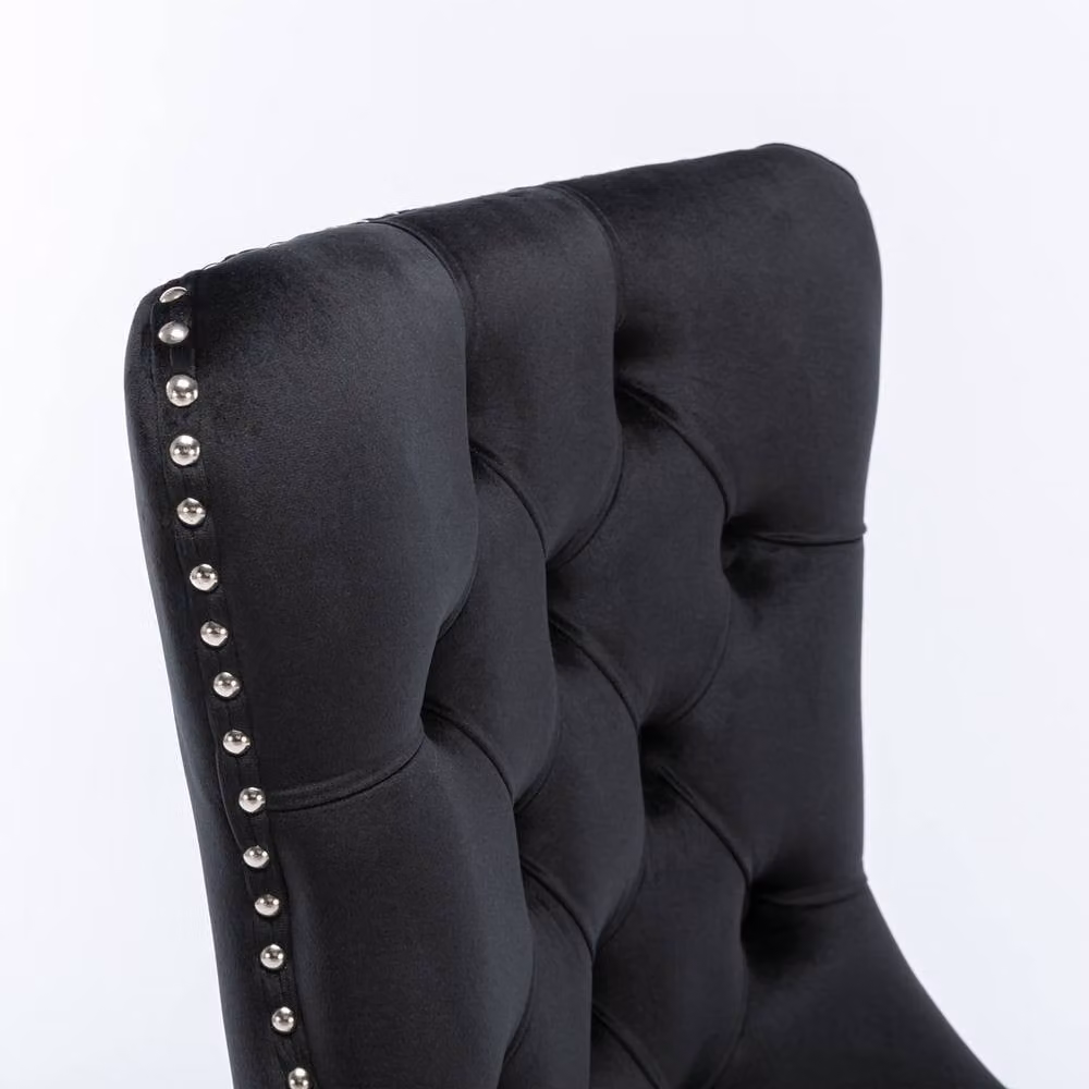HomeTouch Romsey Set of 6 Black Velvet Upholstered Dining Chairs with Oak Legs and Knocker Ring Back – 6