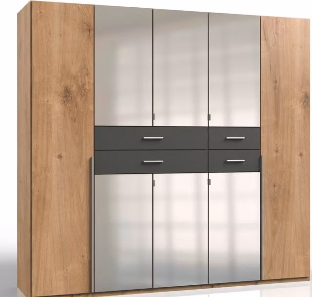 Tjs Denver Mirrored Wardrobe in Planked Oak with Hinged Doors and Internal Shelving, Height: 225 cm