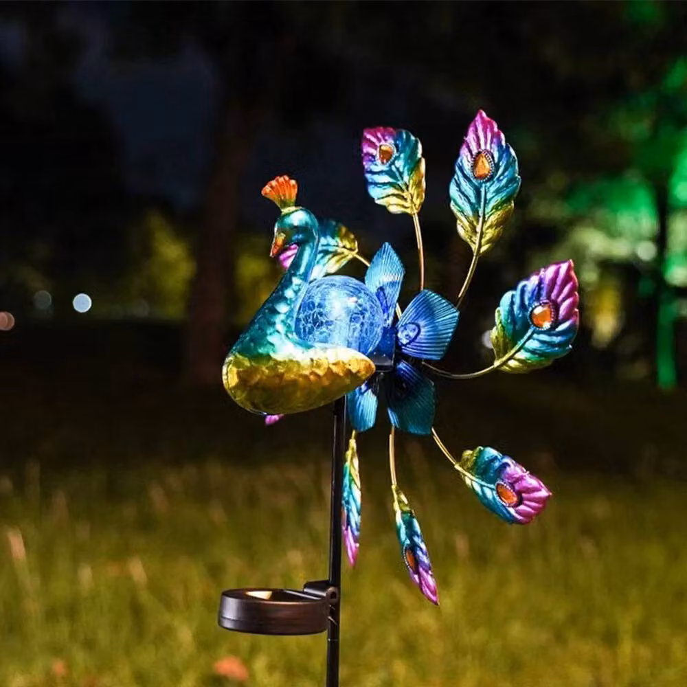 NESTLUNE Metal Peacock Wind Spinner Solar Powered LED Garden Light, Multicolour, H 100 cm x W 15 cm – 3
