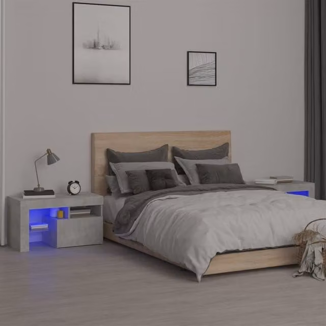 Berkfield Home Set of 2 Modern Bedside Cabinets with Integrated LED Lights in Concrete Grey, W: 70 cm, D: 36.5 cm, H: 40 cm