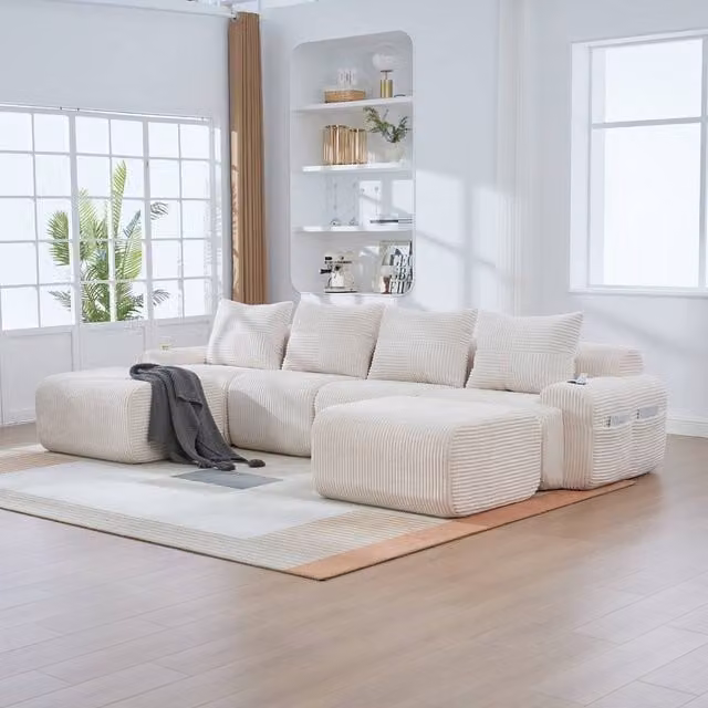 Rolipo 4-Seater Modular Corduroy Sofa in Beige with Matching Ottoman and Cup Holders
