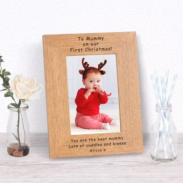 Uniqueful Personalised To Mummy on Our First Christmas Wooden Picture Frame, Brown, W/H: 17.8 x 12.7 cm