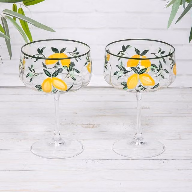 Annibells Set of 2 Vintage Lemon and Leaf Floral Cocktail Glasses in Yellow and Transparent Glass