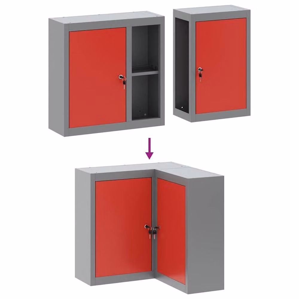 Berkfield Home Lockable Wall-Mounted Corner Tool Cabinet in Red and Grey Steel – 4