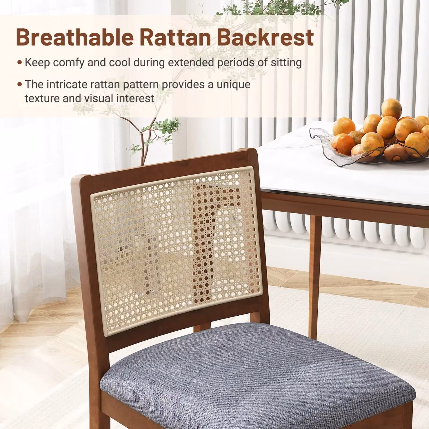 Costway Set of 2 Mid-Century Rattan and Rubberwood Dining Chairs with Fabric Upholstery, Brown – 5