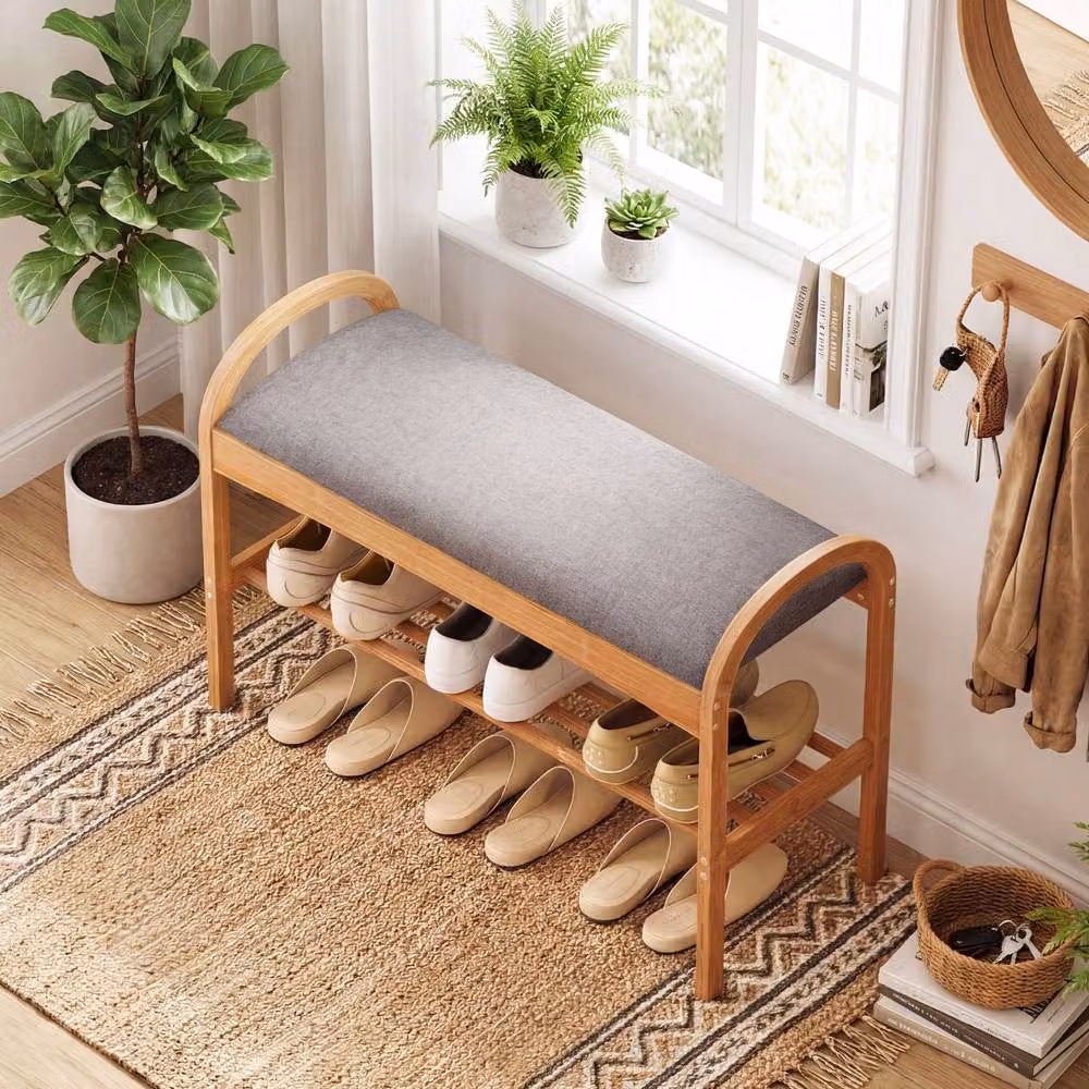 Gymax 2-Tier Bamboo Shoe Bench with Padded Fabric Cushion in Grey – 2