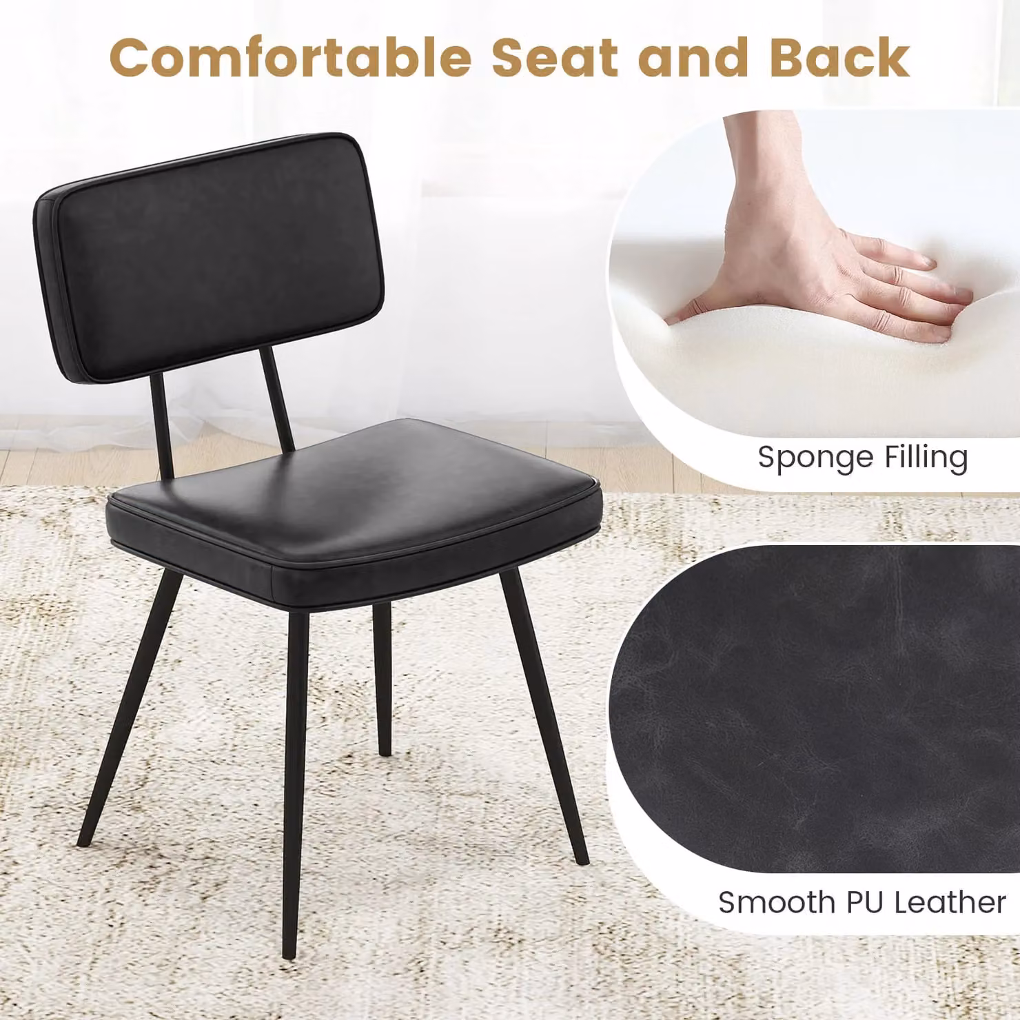 Gymax Set of 2 Black Faux Leather Upholstered Mid-Century Dining Chairs – 3