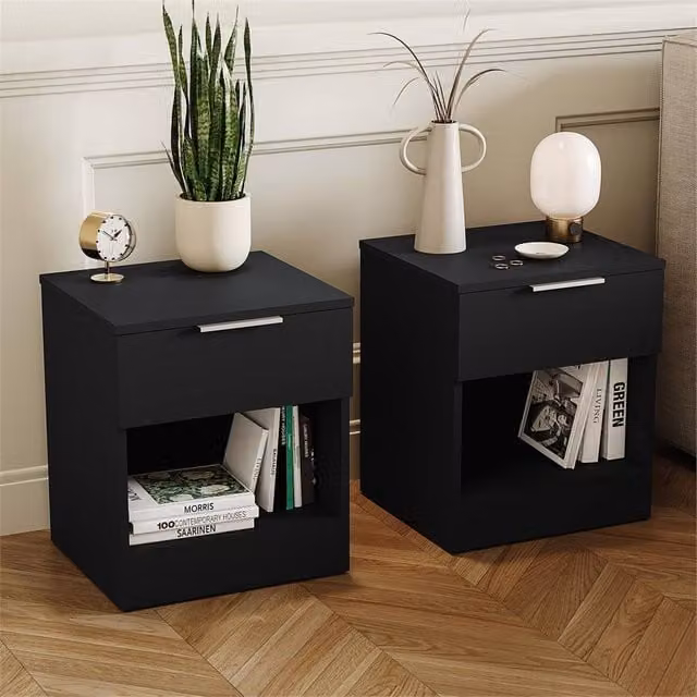 FORGEVIO Set of 2 Modern Black Wood Storage and Display Units with 1 Drawer – 1