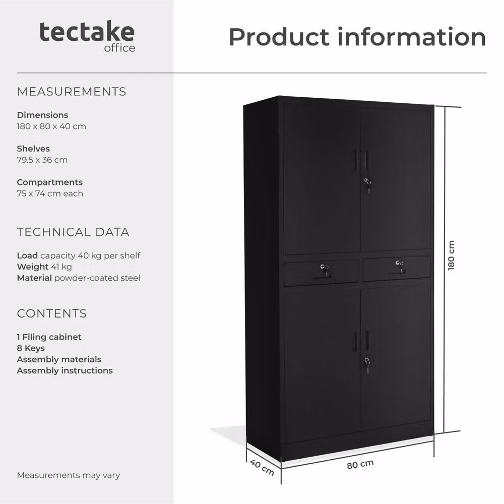 tectake Cosmo Filing Cabinet in Black and Grey with Hinged Doors, Drawers, Adjustable Internal Shelves and Lock – 5