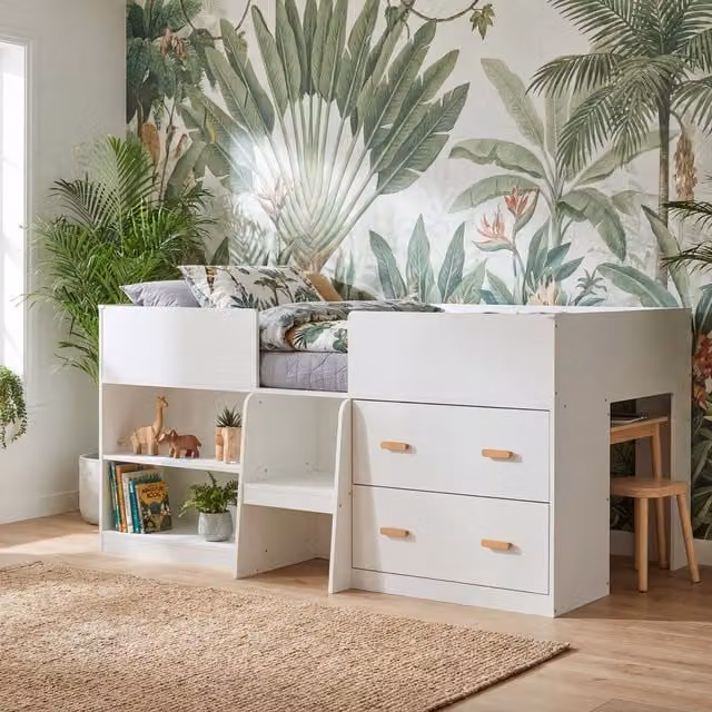 Noa and Nani Kalle Kids Midsleeper Bed with Low Loft Storage and Drawers in White