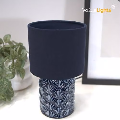 ValueLights Priyah Blue Ceramic Scallop Table Lamp with Beige Fabric Cylinder Shade, H 25.5 x W 15.0 x D 15.0 cm – 4