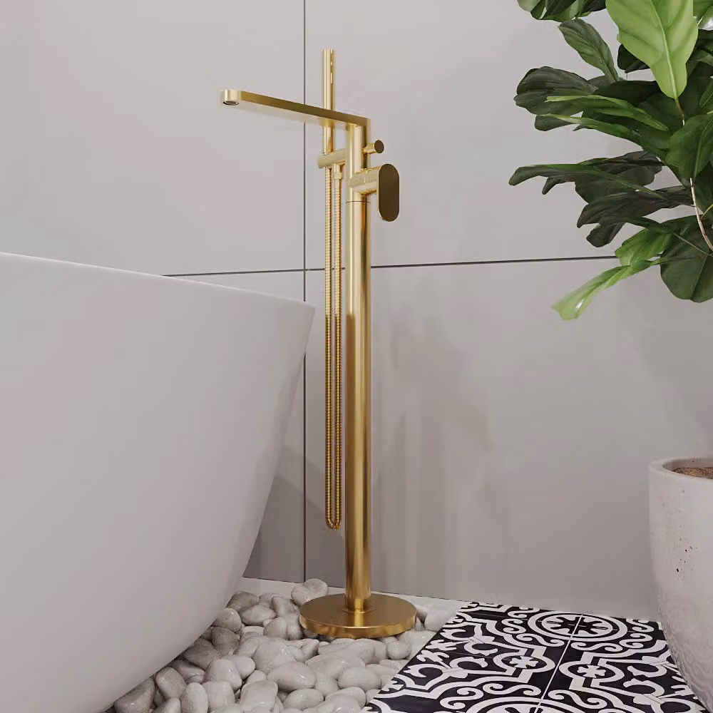 Balterley Current Round Floor Standing Bath and Shower Mixer Tap Kit in Brushed Brass Gold – 2