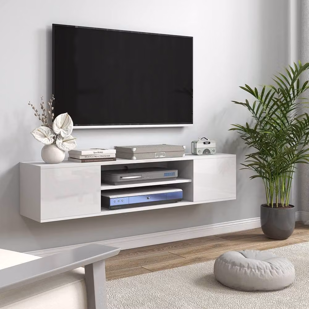 STILVORA Modern White Glossy Wall Mounted TV Stand with 2 Doors and Open Shelves – 2