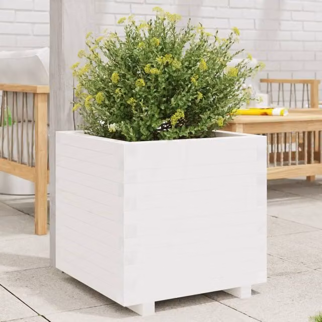 Berkfield Home White Wood Garden Planter Tub W: 60 cm, D: 60 cm, H: 49.5 cm – 1