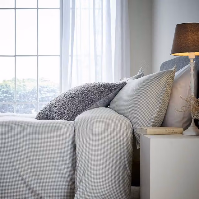 Murmur Alia Washed Gingham Double Duvet Cover Set, Cloud Grey, W: 140 cm, L: 200 cm