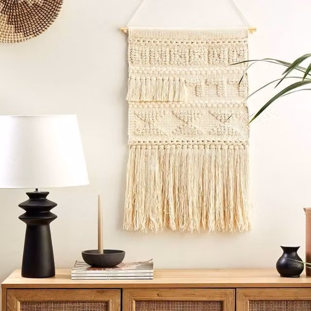 Wyld and Coco Beige Boho Geometric Handwoven Cotton Textile Wall Hanging with Tassels – 1
