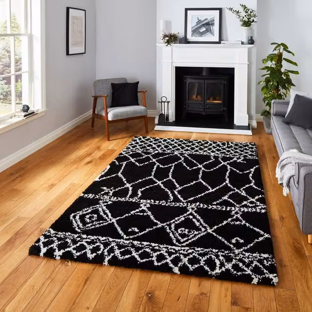 Think Rugs Scandi Berber G276 Moroccan Style Rectangular Machine Woven Rug in Black and White