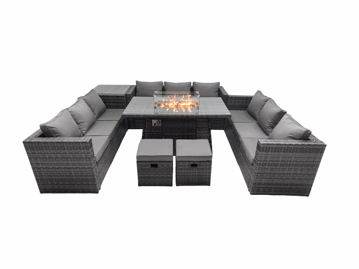 Fimous Dark Grey Rattan Garden Furniture Set with Gas Fire Pit Dining Table, Side Table and Footstools – 2